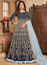 Load image into Gallery viewer, Blue Heavy Embroidered Kalidar Velvet Anarkali Suit fashionandstylish.myshopify.com