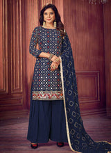 Load image into Gallery viewer, Blue Mirror Embroidered Sharara Style Suit fashionandstylish.myshopify.com