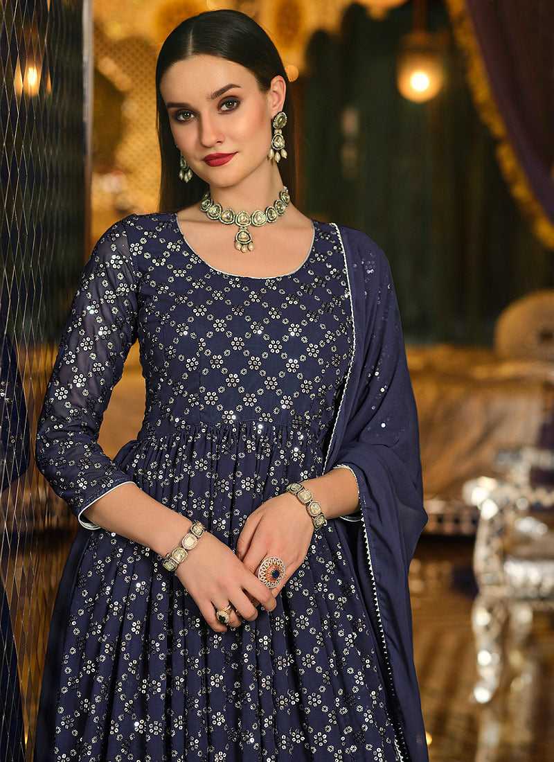 blue dress for baby girl Blue Sequin Embroidered Lehenga Style Anarkali Blue / Zari / Georgette
