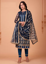 Load image into Gallery viewer, Blue Sequin Embroidered Straight Pant Suit