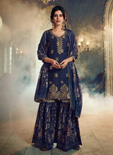 Load image into Gallery viewer, Blue Silk Work Printed Gharara Style Suit fashionandstylish.myshopify.com