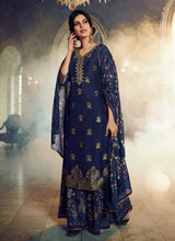 Load image into Gallery viewer, Blue Silk Work Printed Gharara Style Suit fashionandstylish.myshopify.com