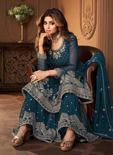 Load image into Gallery viewer, Blue and Gold Designer Embroidered Sharara Suit fashionandstylish.myshopify.com