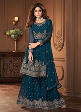 Load image into Gallery viewer, Blue and Gold Designer Embroidered Sharara Suit fashionandstylish.myshopify.com