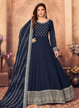Load image into Gallery viewer, Blue and Gold Embroidered Flaire Anarkali Suit fashionandstylish.myshopify.com