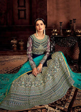 Load image into Gallery viewer, Blue and Gold Embroidered Kalidar Designer Anarkali Suit fashionandstylish.myshopify.com