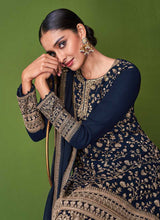 Load image into Gallery viewer, Blue and Gold Embroidered Palazzo Style Suit fashionandstylish.myshopify.com