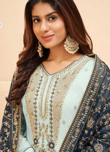 Load image into Gallery viewer, Blue and Gold Embroidered Pant Style Suit fashionandstylish.myshopify.com