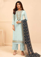 Load image into Gallery viewer, Blue and Gold Embroidered Pant Style Suit fashionandstylish.myshopify.com