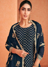 Load image into Gallery viewer, Blue and Gold Embroidered Sharara Style Suit fashionandstylish.myshopify.com