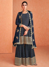 Load image into Gallery viewer, Blue and Gold Embroidered Sharara Style Suit fashionandstylish.myshopify.com