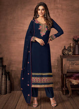 Load image into Gallery viewer, Blue and Gold Embroidered Straight Pant Style Suit fashionandstylish.myshopify.com