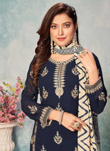 Load image into Gallery viewer, Blue and Gold Embroidered Trendy Pant Style Suit fashionandstylish.myshopify.com