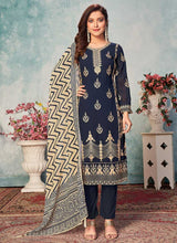Load image into Gallery viewer, Blue and Gold Embroidered Trendy Pant Style Suit fashionandstylish.myshopify.com