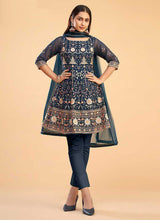 Load image into Gallery viewer, Blue and Gold Floral Embroidered Stylish Pant Suit fashionandstylish.myshopify.com