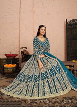 Load image into Gallery viewer, Blue and Gold Heavy Embroidered Kalidar Anarkali Suit fashionandstylish.myshopify.com