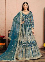 Load image into Gallery viewer, Blue and Gold Heavy Embroidered Kalidar Anarkali Suit fashionandstylish.myshopify.com