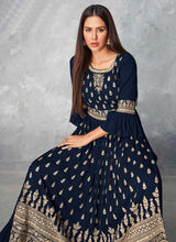 Load image into Gallery viewer, Blue and Gold Heavy Embroidered Stylish Palazzo Suit fashionandstylish.myshopify.com