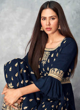Load image into Gallery viewer, Blue and Gold Heavy Embroidered Stylish Palazzo Suit fashionandstylish.myshopify.com