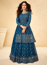 Load image into Gallery viewer, Blue and Gold Sequin Embroidered Indo Western Lehenga fashionandstylish.myshopify.com