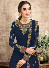 Load image into Gallery viewer, Blue and Gold Straight Cut Embroidered Pant Style Suit fashionandstylish.myshopify.com