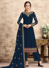 Load image into Gallery viewer, Blue and Gold Straight Cut Embroidered Pant Style Suit fashionandstylish.myshopify.com