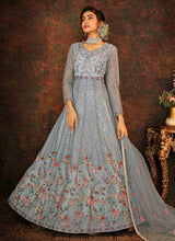 Load image into Gallery viewer, Blue and Grey Floral Embroidered Kalidar Anarkali fashionandstylish.myshopify.com
