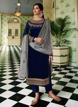 Load image into Gallery viewer, Blue and Grey Heavy Embroidered Lehenga/ Pant Style Suit fashionandstylish.myshopify.com