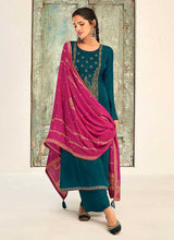 Load image into Gallery viewer, Blue and Pink Splendid Embroidered Pant Style Suit fashionandstylish.myshopify.com