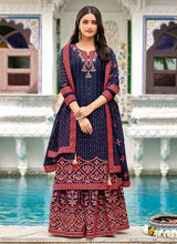 Load image into Gallery viewer, Blue and Red Heavy Embroidered Palazzo Style Suit fashionandstylish.myshopify.com