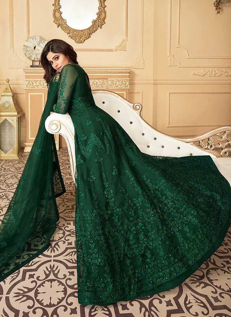 fashneo Bottle Green Heavy Embroidered Kalidar Gown Style Anarkali Bottle Green / Zari / Net