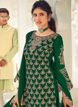 Load image into Gallery viewer, Bottle Green and Gold Embroidered Sharara Style Suit fashionandstylish.myshopify.com