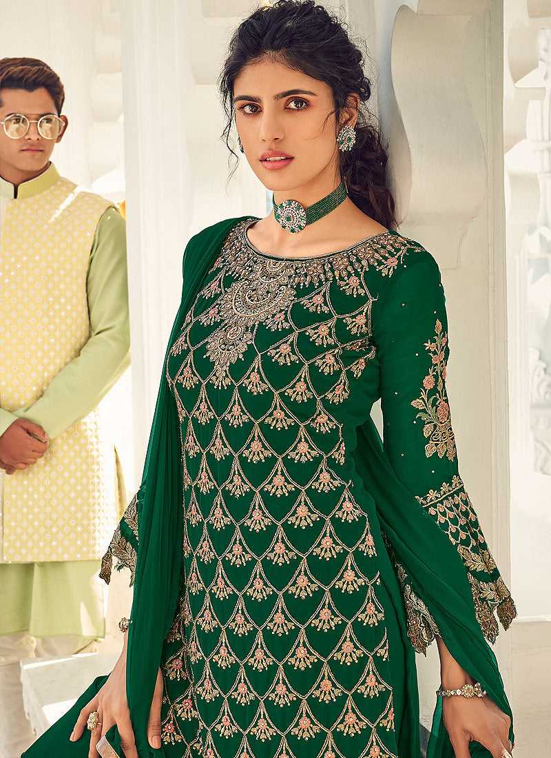Dark Green Embroidered Straight Pant Style Suit