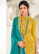 Load image into Gallery viewer, Butter Yellow and Blue Embroidered Sharara Style Suit fashionandstylish.myshopify.com