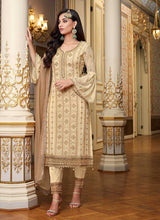 Load image into Gallery viewer, Cream Gold Embroidered Straight Pant Style Suit fashionandstylish.myshopify.com