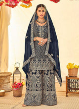 Load image into Gallery viewer, Dark Blue Embroidered Stylish Palazzo Style Suit fashionandstylish.myshopify.com