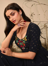 Load image into Gallery viewer, Dark Blue Embroidered Stylish Palazzo Suit