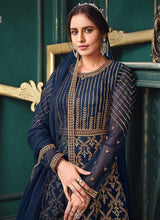 Load image into Gallery viewer, Dark Blue Heavy Embroidered Kalidar Anarkali Style Suit fashionandstylish.myshopify.com