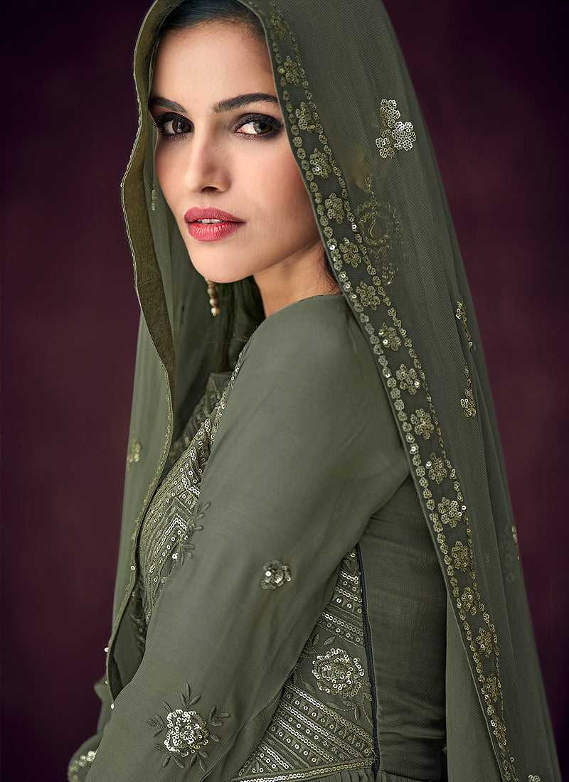 Dark Green and Gold Embroidered Anarkali Style Lehenga Dark Green / Stone / Georgette