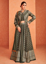 Load image into Gallery viewer, Dark Green and Gold Embroidered Jacket Style Lehenga fashionandstylish.myshopify.com