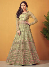 Load image into Gallery viewer, Green Floral Embroidered Designer Lehenga Style Anarkali fashionandstylish.myshopify.com