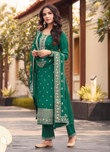 Load image into Gallery viewer, Green Heavy Embroidered Designer Silk Pant Suit