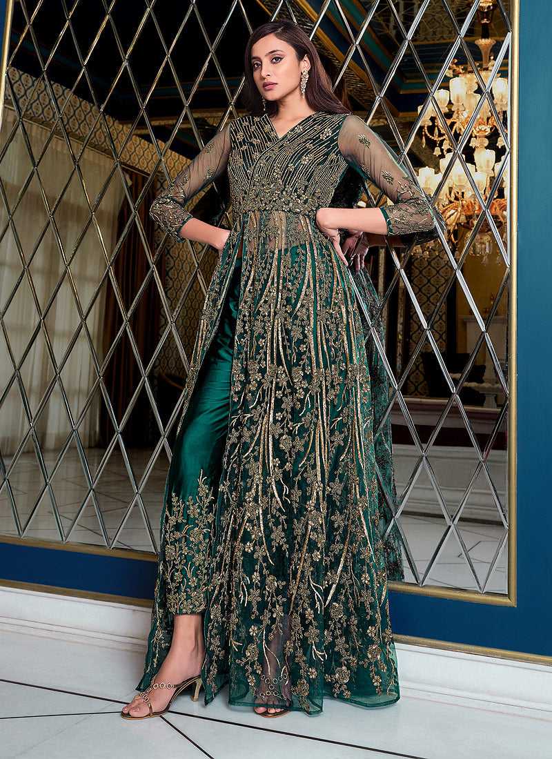 Green Heavy Embroidered Slit Lehenga/ Pant Style Anarkali Fashneo Green Heavy Embroidered Slit Lehenga/ Pant Style Anarkali Fashneo