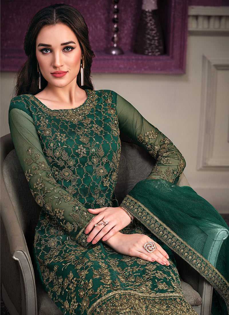 strapless open back dress Green Heavy Net Embroidered Straight Pant Style Suit Green / Stone / Net