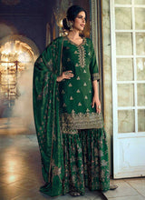 Load image into Gallery viewer, Green Silk Work Printed Gharara Style Suit fashionandstylish.myshopify.com