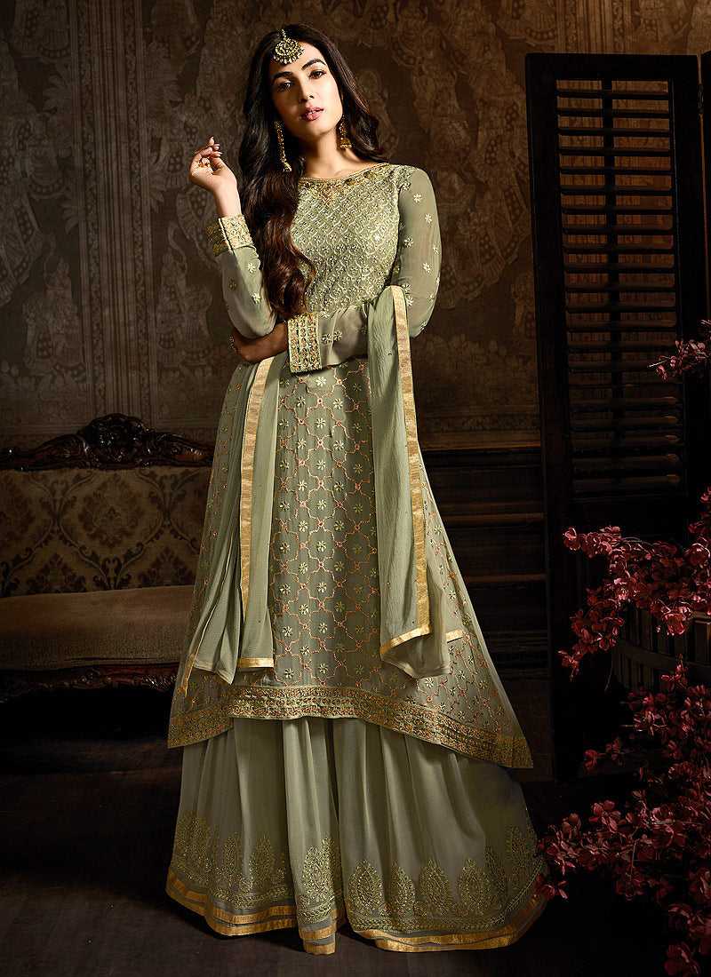 Green Up Down Style Embroidered Sharara Suit - Main Image