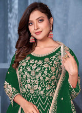 Load image into Gallery viewer, Green and Gold Embroidered Kalidar Anarkali Suit fashionandstylish.myshopify.com