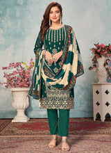 Load image into Gallery viewer, Green and Gold Embroidered Trendy Pant Style Suit fashionandstylish.myshopify.com