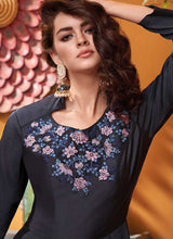 Load image into Gallery viewer, Grey Black Embroidered Art Silk Gown fashionandstylish.myshopify.com