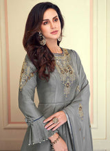 Load image into Gallery viewer, Grey Colored Kalidar Embroidered Silk Voluptuous Gown fashionandstylish.myshopify.com